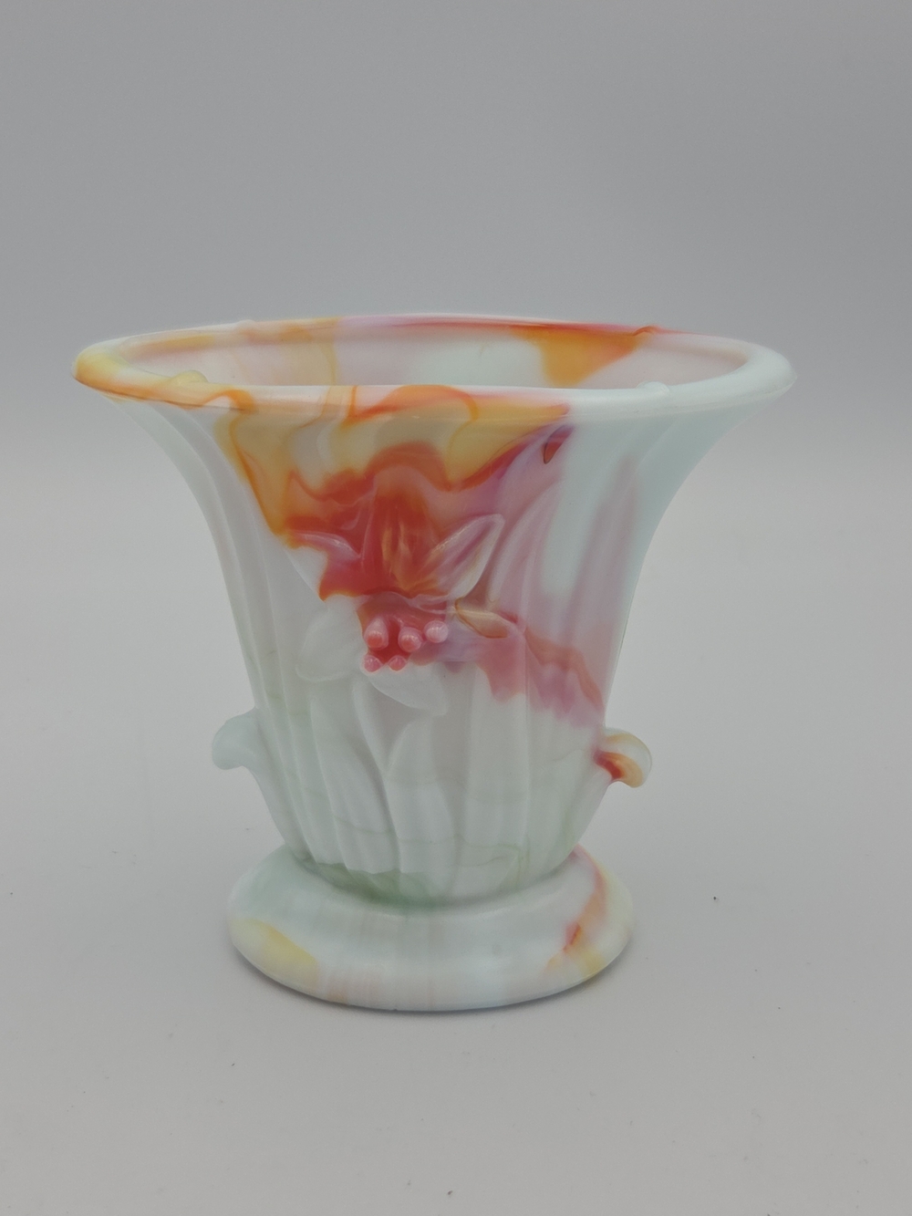 Acro Aget Slag Glass Art Deco Vase with Pink, Orange, And Green Swirl